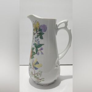Vintage White Porcelain Pitcher Floral & Butterfly Design 10" - NWOT